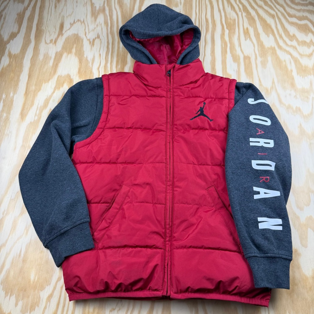 Jordan Kids Red Gray Hooded Puffer Jacket Jumpman Logo Size Large L